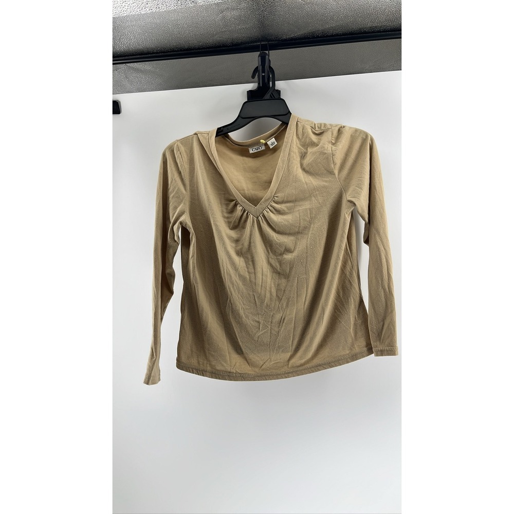 Cato Womens Tan Ruched V-Neck Long Sleeve Top Beige Stretch Blouse Size M